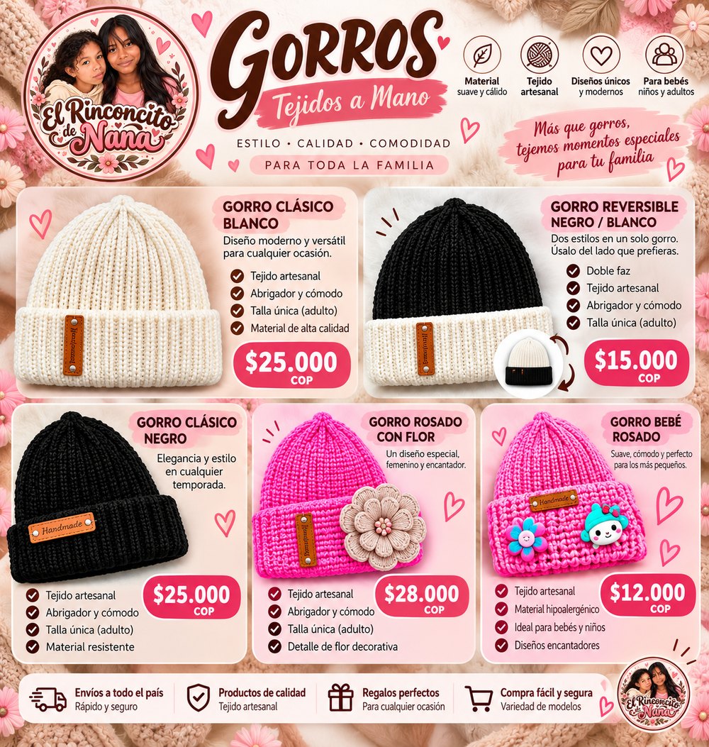 Catálogo de gorros tejidos a mano de El Rinconcito de Nana con precios