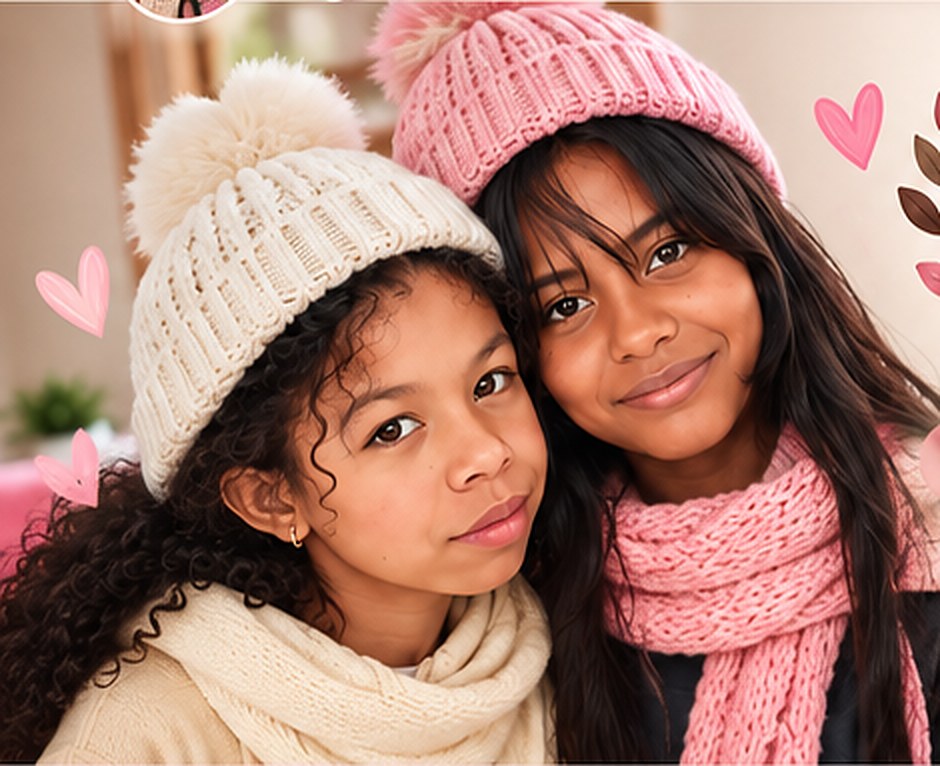 Las hermanitas de El Rinconcito de Nana con sus gorros y bufandas tejidos