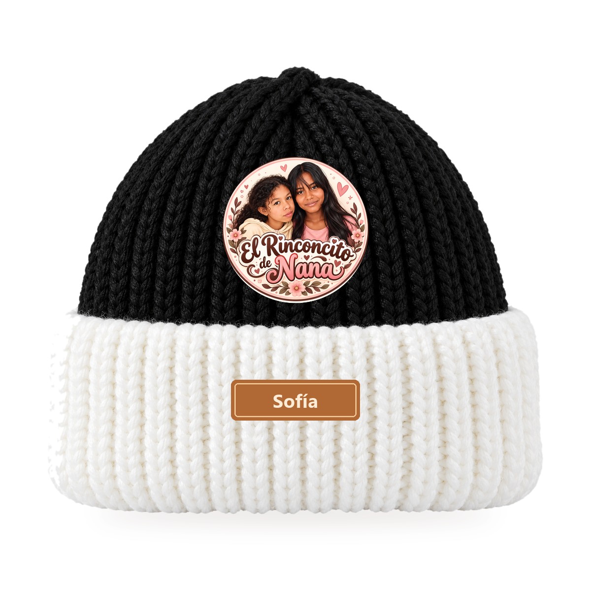 Gorro blanco y negro personalizado con foto y marquilla con nombre